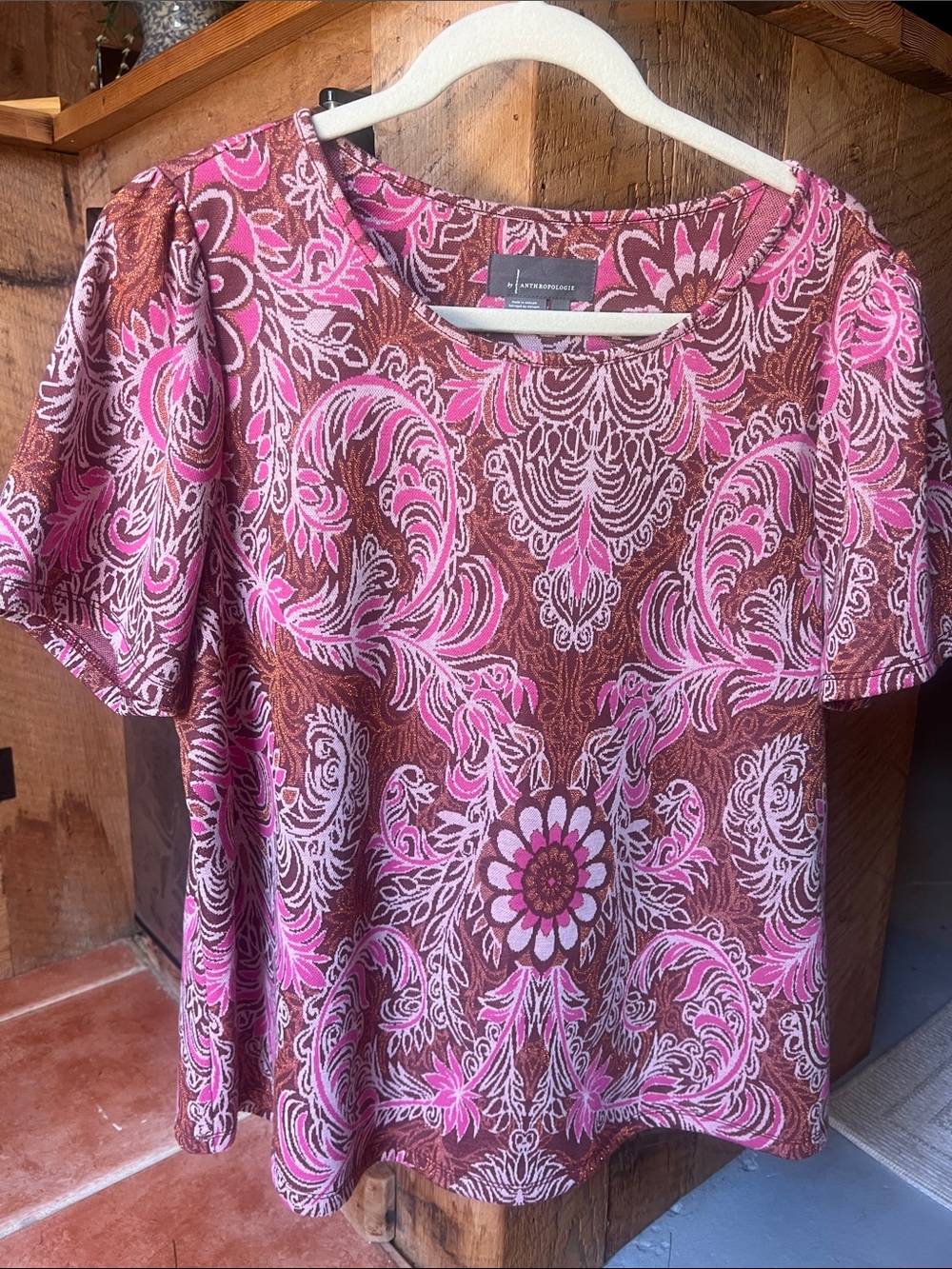 Anthropologie Pink and Brown Floral Paisley Scoop Neck Tee